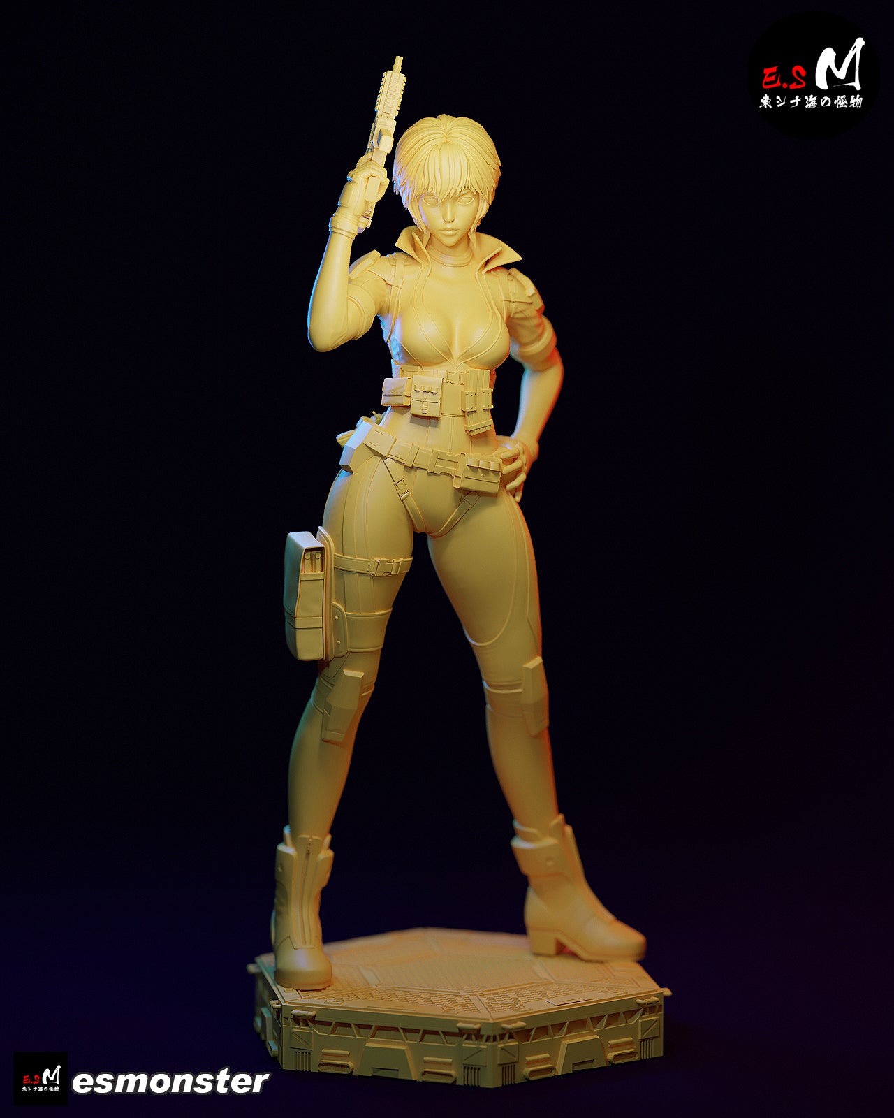Painted Motoko Kusanagi collectible figure posed holding SMG, wearing detailed tactical bodysuit and gear.
