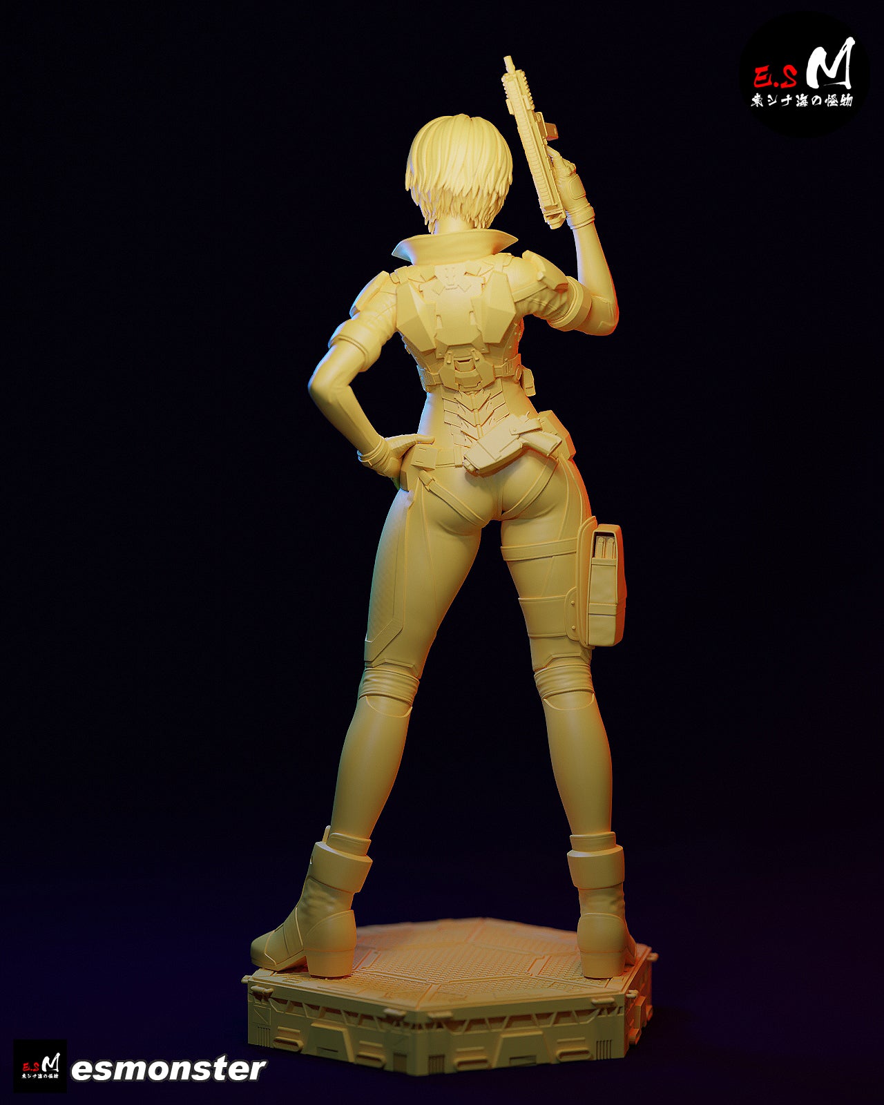 Rear unpainted view of Motoko Kusanagi statue showing armor plating and holstered pistol on display base.