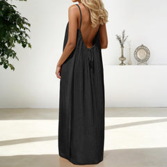 FASHOFT Backless Cami Dress for Women Backless Dresses Spaghetti Strap Flowy Maxi Dress 2026 Summer Casual Solid Color Sleeveless Black M