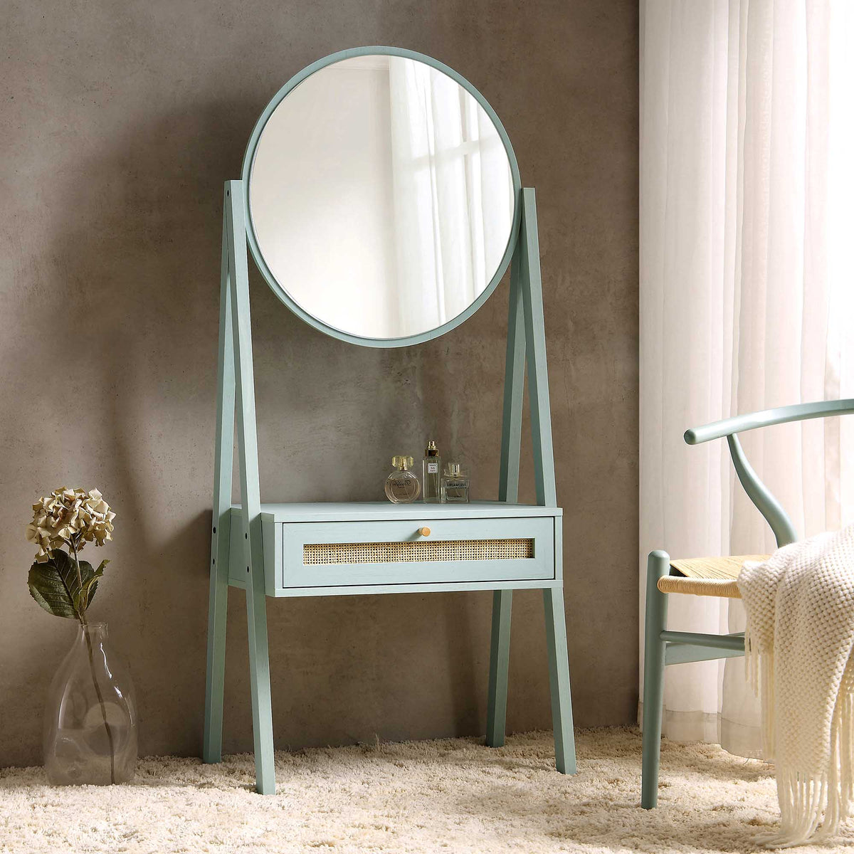 Frances Woven Rattan Standing Vanity Table with Mirror, Mint