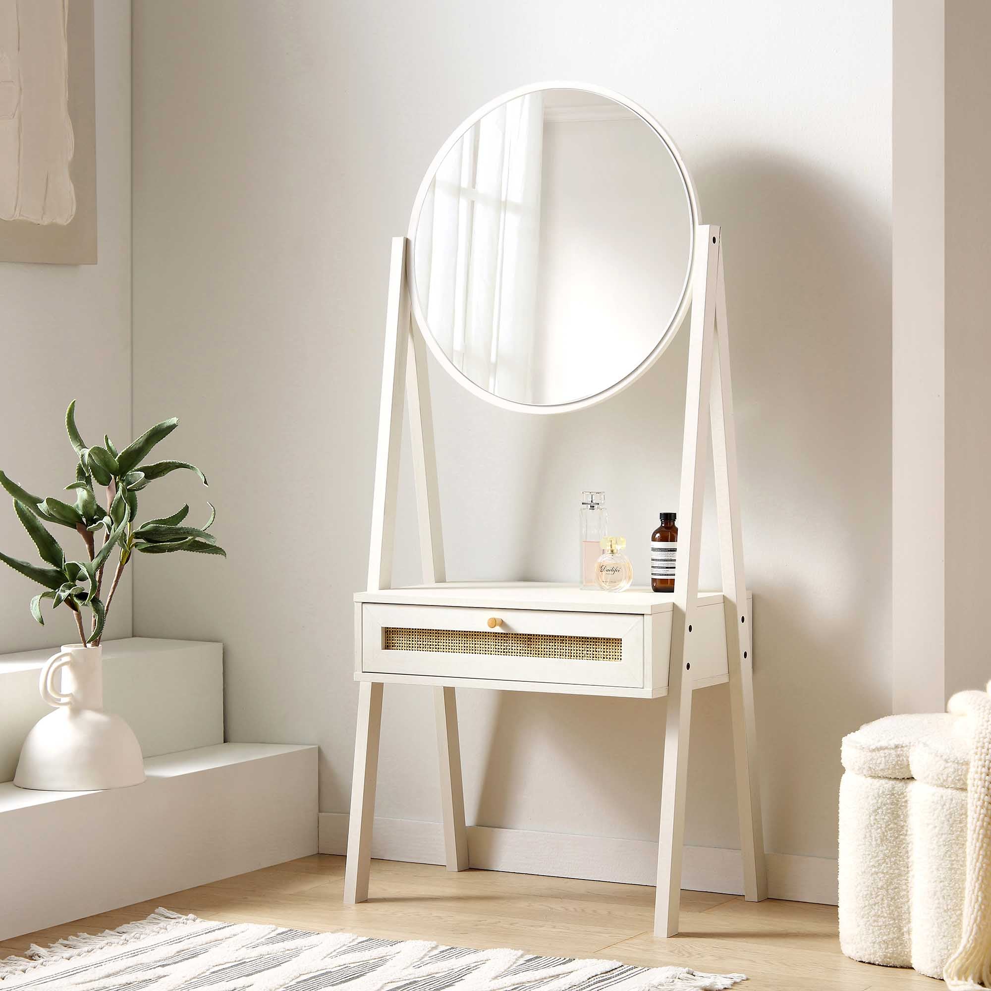 Frances Woven Rattan Standing Dressing Table with Mirror, White - daals