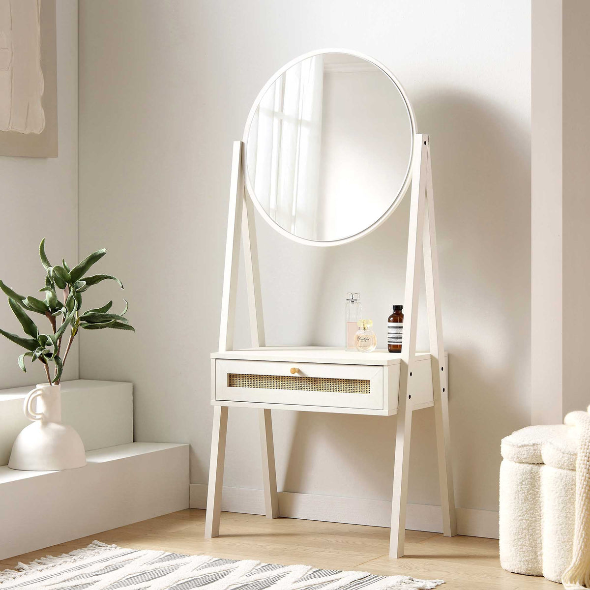 Frances Woven Rattan Standing Dressing Table with Mirror, White - daals