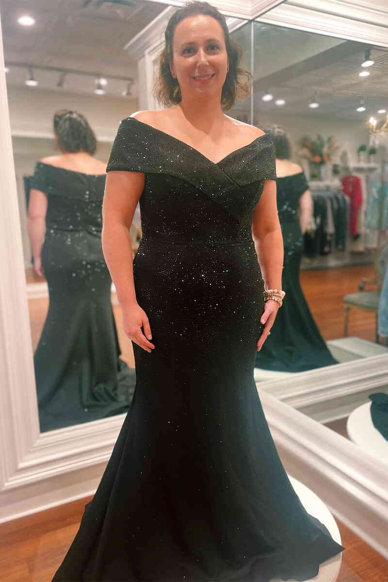 Mermaid Off the Shoulder Black Crystal Mother of Bride Dress