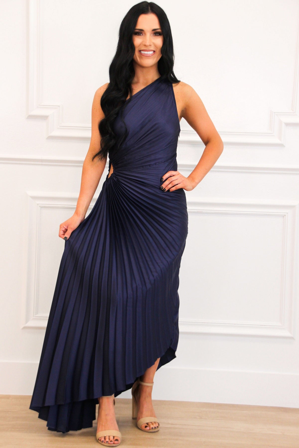 Novelle One Shoulder Pleated Asymmetrical Maxi Dress: Midnight Blue - Bella and Bloom Boutique
