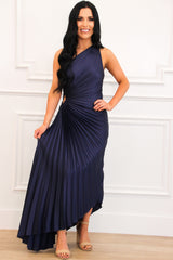 Novelle One Shoulder Pleated Asymmetrical Maxi Dress: Midnight Blue - Bella and Bloom Boutique