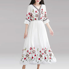 Flare Sleeve Flower Embroidery Boho Midi Dress
