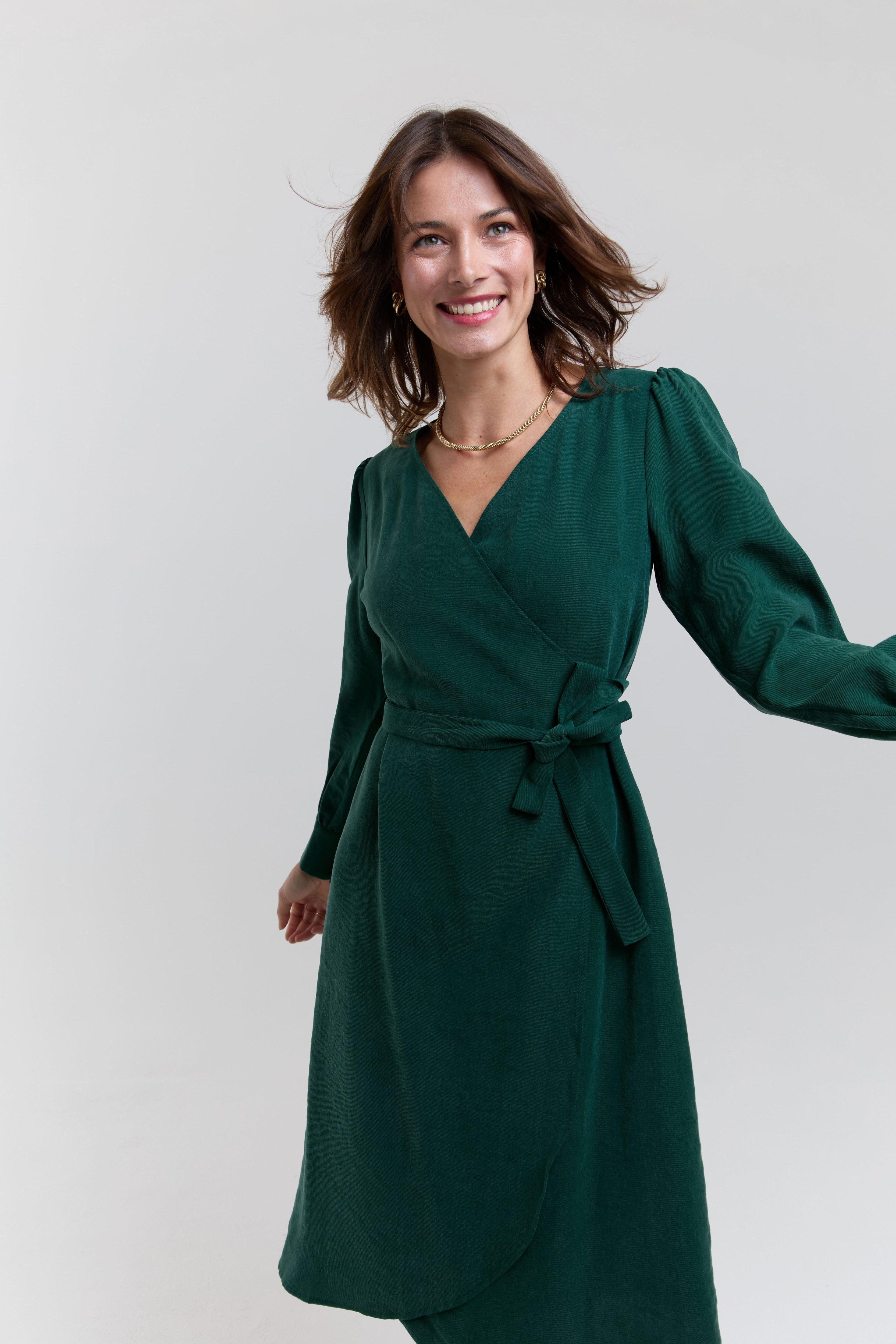 green midi wrap dress with belt sustainable women office dress