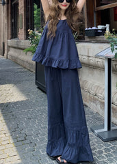 French Navy Ruffled Tops And Flare Bottoms Cotton Two Piece Set Sleeveless AW1011