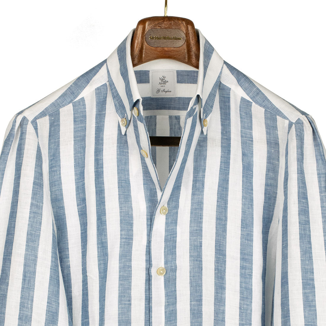 Blue wide stripe linen shirt with Anacapri buttoned one-piece collar