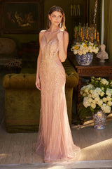 Rose Gold Beaded Fitted Gown with Spaghetti Straps – Elegant Formal Evening Dress