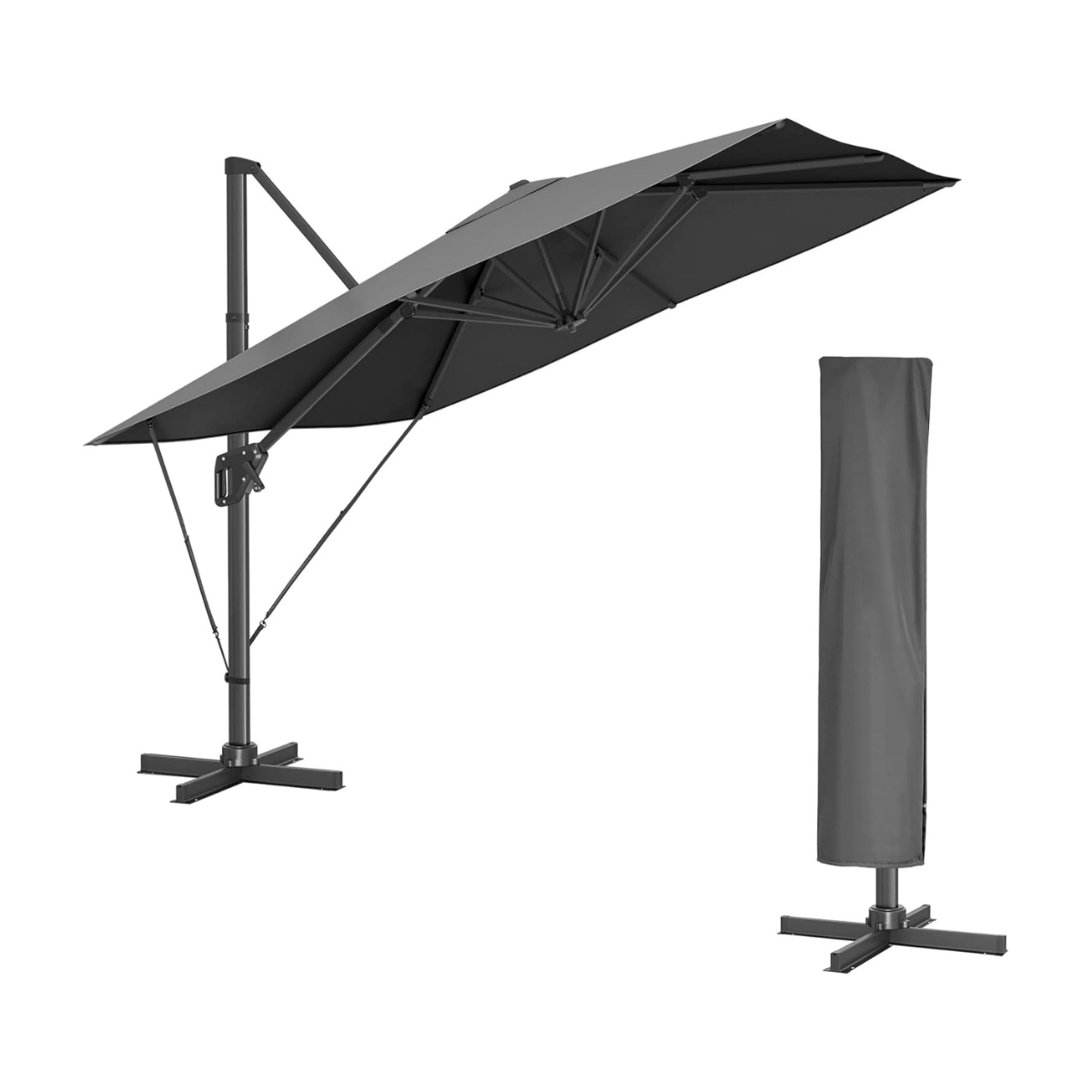 Freiarm-Sonnenschirm 290 x 290 cm – 360° drehbar – Neigungswinkel verstellbar – UPF 50+ – mit Ständer und Schutzhülle