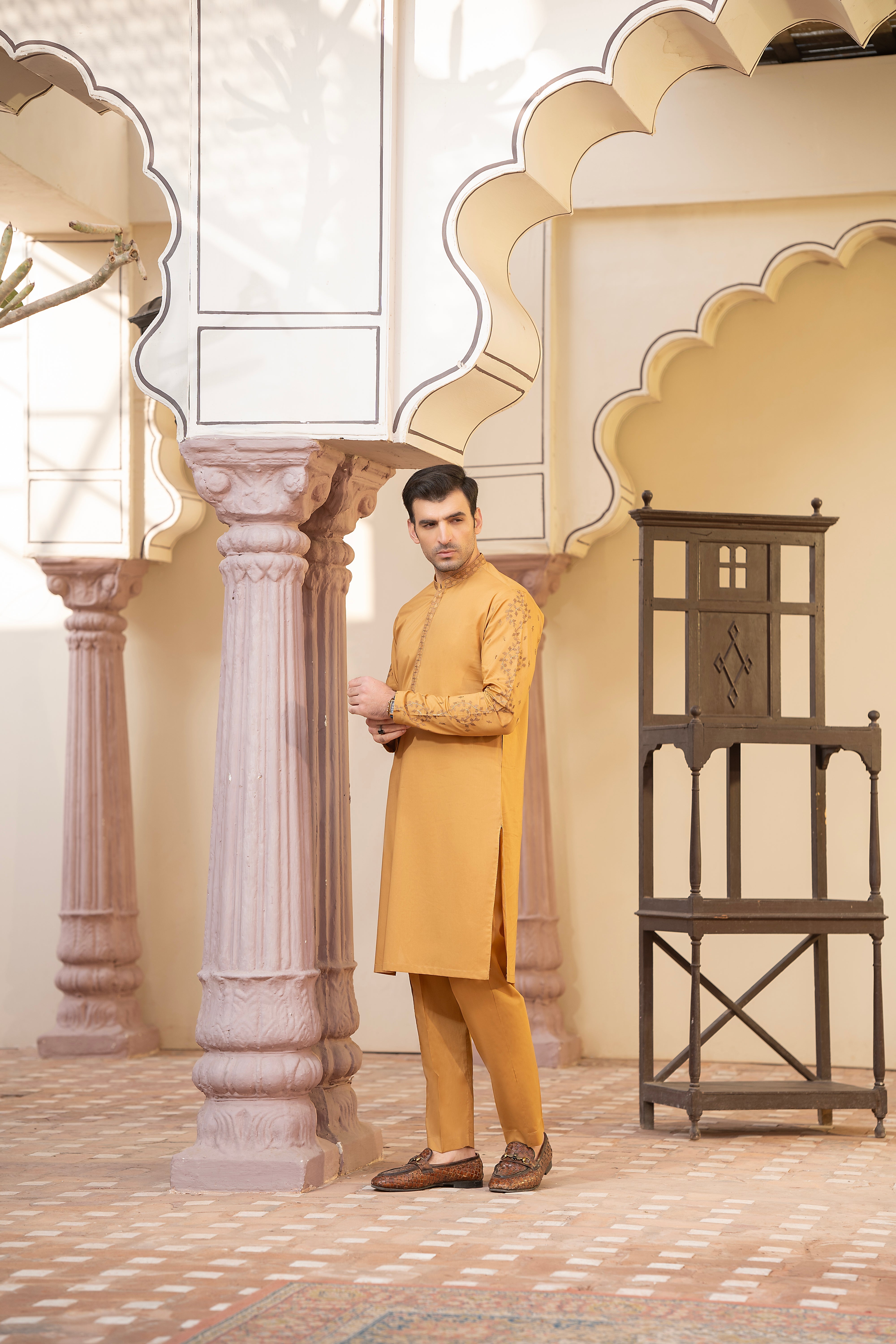 Men Embroidered Unstitch Kameez Shalwar-Mustard