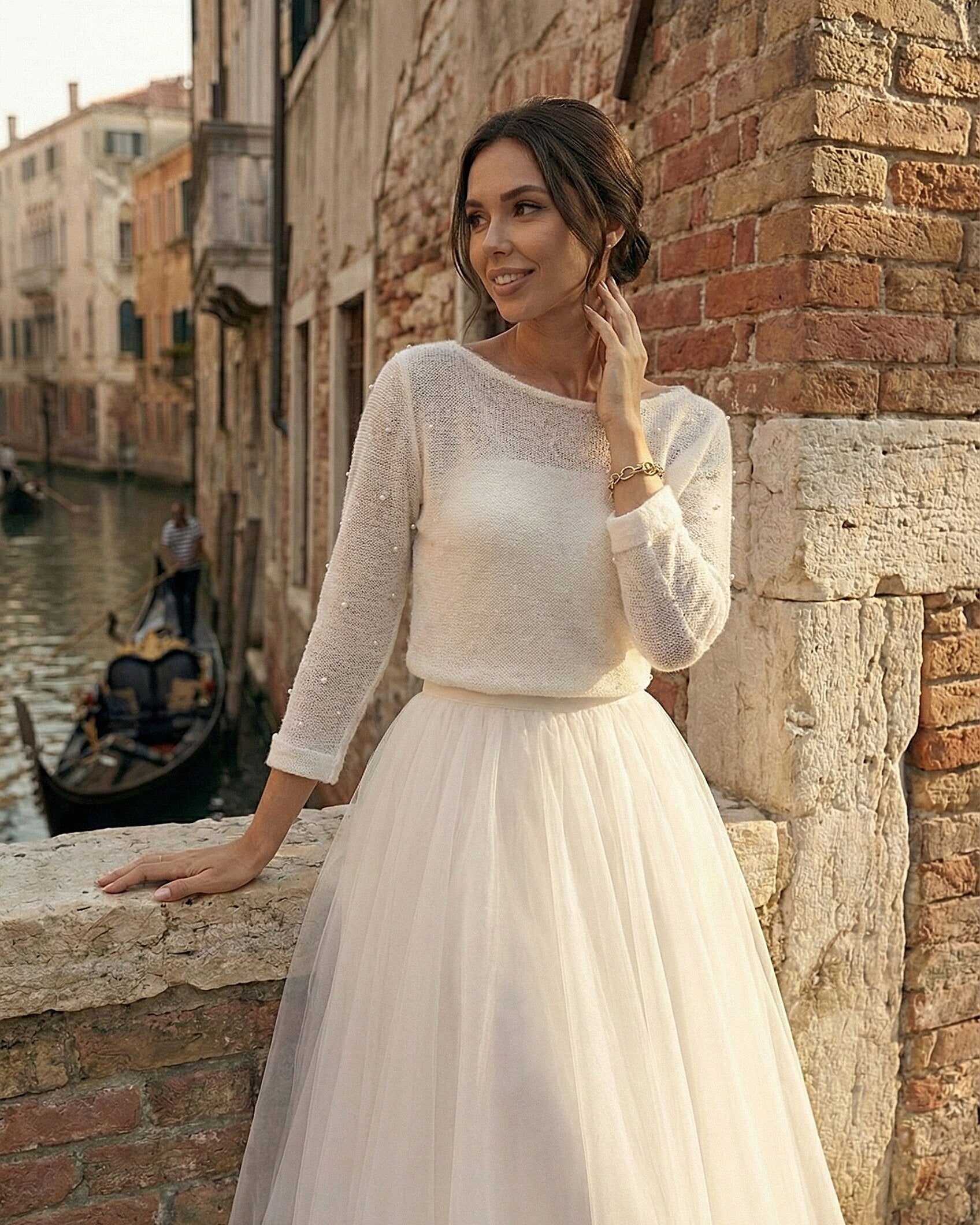 Bridal cardigan with pearls ivory wool sweater 3/4 sleeve elegant cover up