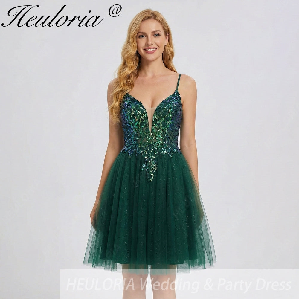 HEULORIA Short Emerald Green V-Neck Sequined Homecoming Dress with Illusion Plunge & Lace-Up Back ED-282