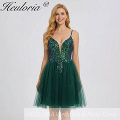 HEULORIA Short Emerald Green V-Neck Sequined Homecoming Dress with Illusion Plunge & Lace-Up Back ED-282