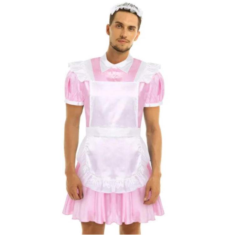 Model showcases the Gender Non-Conforming Sexy Maid Uniform With Headband, featuring pink satin with puffed sleeves, a frilled apron, and lace headband, embodying bold queer empowerment and self-expression.