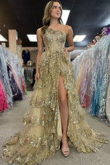 One Shoulder Layered Sequin Lace Prom Dress with Slit Evening Party Dress Ms2507172