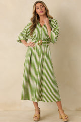 Green striped maxi shirt dress showcasing smooth vertical stripes and an effortlessly draped, comfortable fit