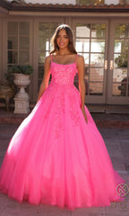 A woman stands outdoors wearing the Embellished Hunter Green Long Prom Ball Gown H1464, featuring a fitted bodice and full skirt adorned with floral accents.