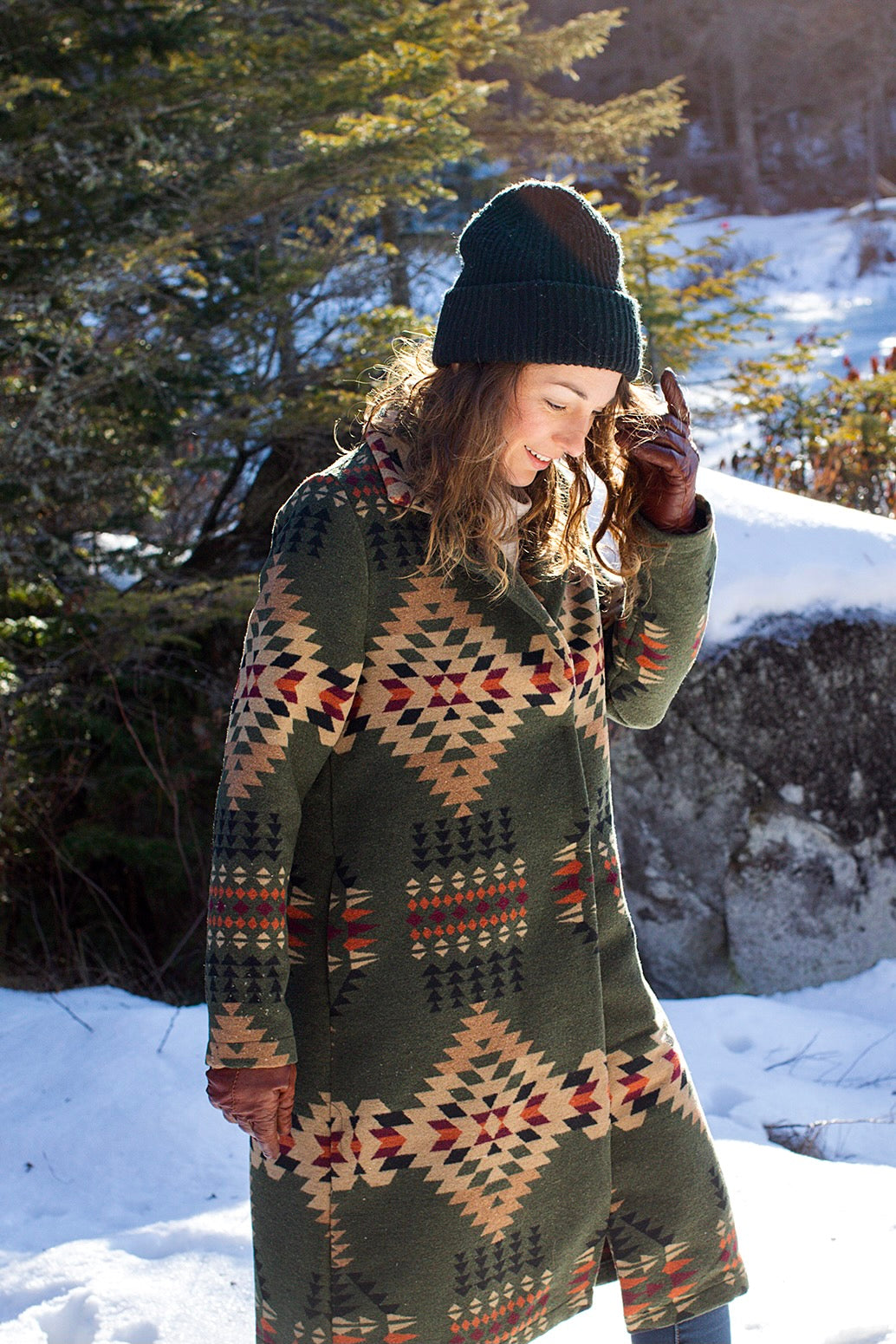 Sacred Cloth North Star Winter Jacket in Navajo-inspired print in Mossy Earth Green. Handmade in highly-limited quantities in Montreal, Quebec. Perfect for Fall, Spring and temperate winters!