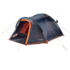 HAIKA 3-Personen Kuppelzelt von Tambu Outdoor in Dunkelblau mit orangefarbenen Akzenten und aufgespanntem Eingang