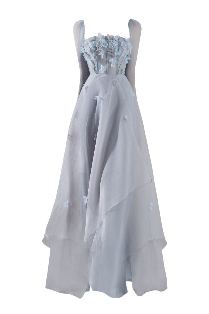Gray Hayley organza flared maxi gown by Happy Clothing, flowing fabric, fitted bodice, and elegant floor-length design.