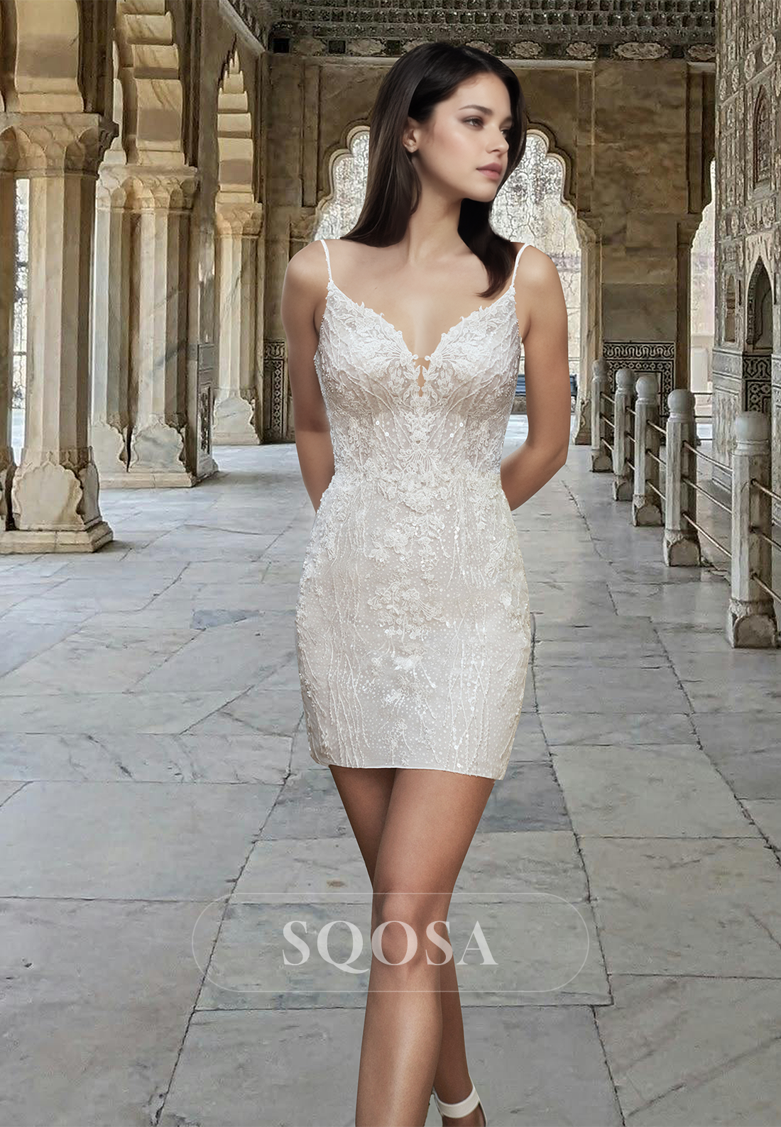 V-Neck Spaghetti Straps Short Mermaid Wedding Dress Beaded Lace Applique Bride Gowns with Tulle Overskirt