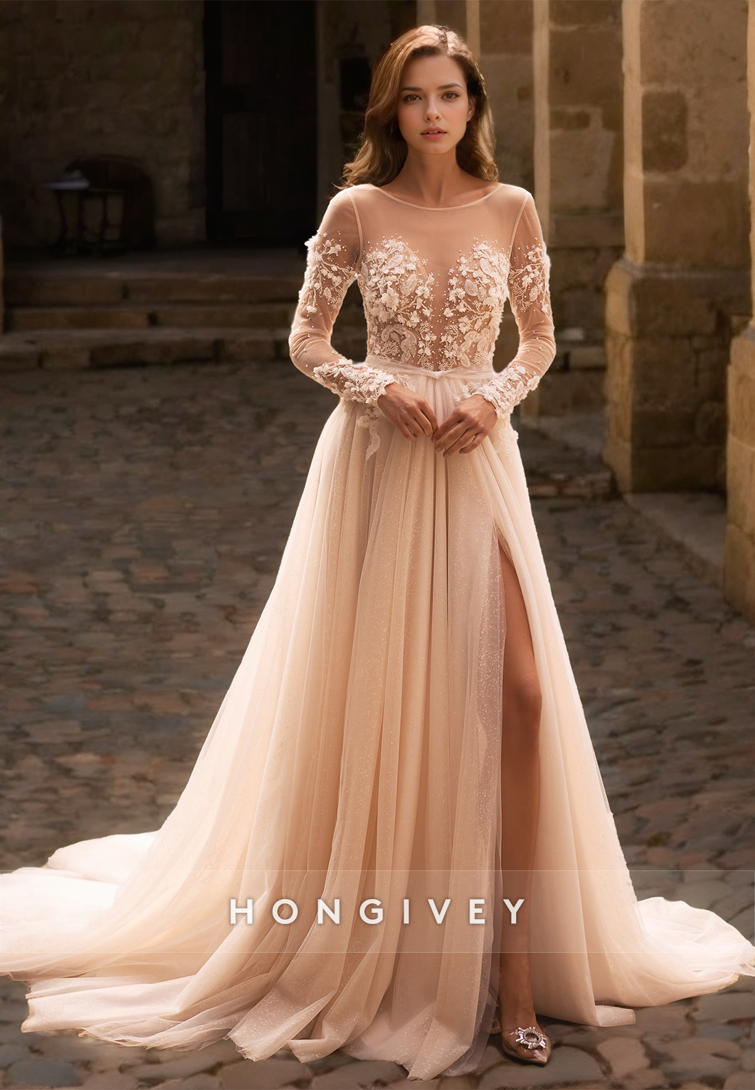 H0964 - Glitter Illusion Lace Applique Beaded Tiered Long Sleeves With Train And Slit Long Wedding Dress