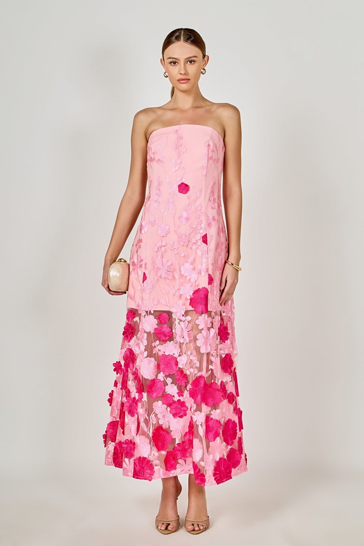 Embroidered 3D Applique Strapless Maxi Dress