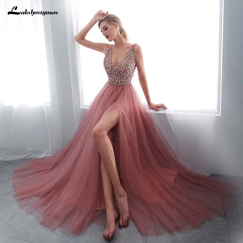 Roycebridal Roycebridal In Stock V Neck Beading Evening Dress Back Lace Up Evening Dress With Slit Evening Gown Long Prom Dress Robe De Soiree Customized