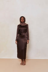 Long Sleeve Satin Slip Dress in Cocoa Brown