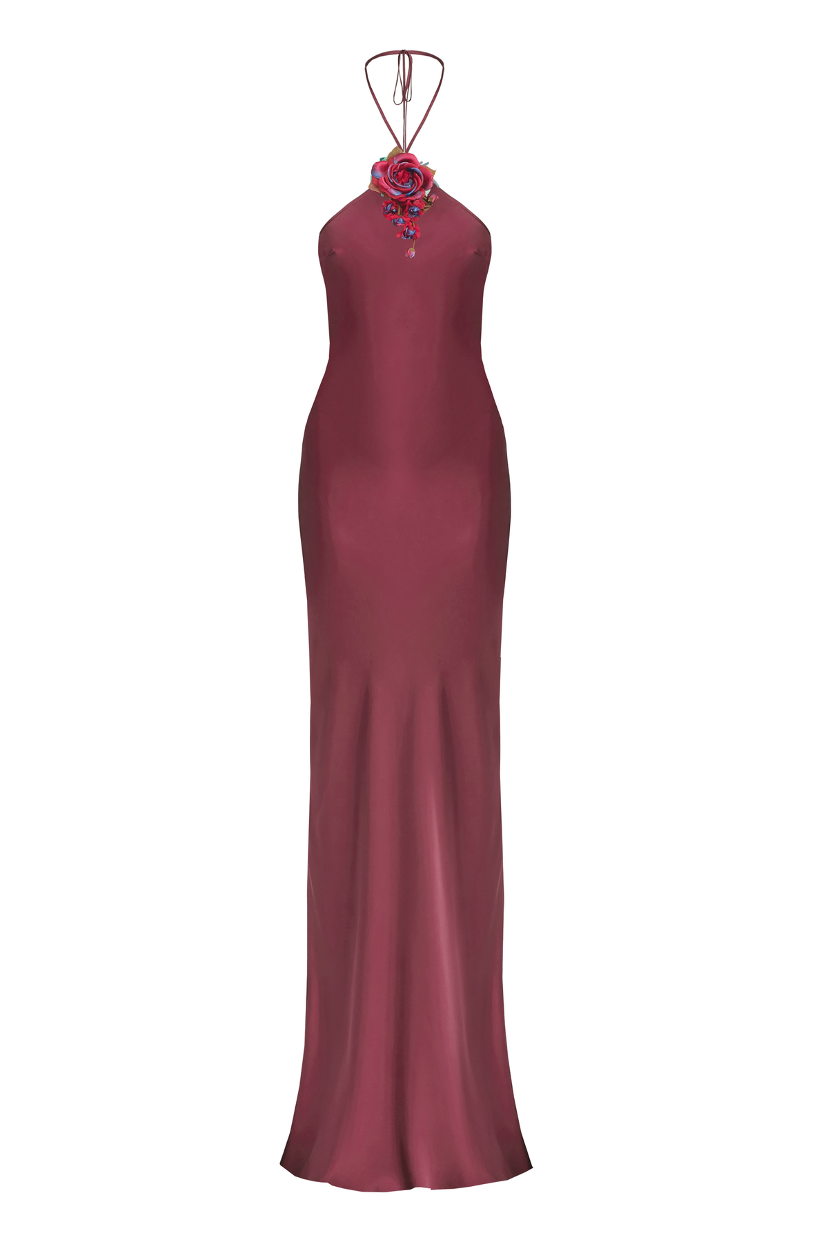 Stolen Stores CULT MIA X Stolen Stores burgundy halter bias maxi dress with a flowing silhouette and sleeveless design.