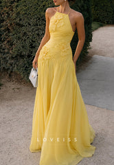 Halter Floral Embellished Pleated A-Line Prom Dress