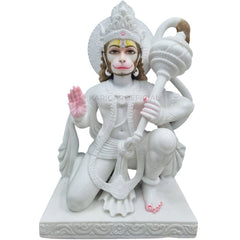 Handcrafted White Marble Hanuman Statue in Blessing Pose with Gada, 30 inches tall, depicting detailed hand-painted facial expressions with tilak, eyes, smile, and hair.