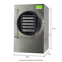The Harvest Right Home Pro Freeze Dryer Stainless Steel - Medium, measuring 29"H x 19"W x 25"D, stands upright with an open door showing four interior trays and features advanced industrial vacuum pump technology.