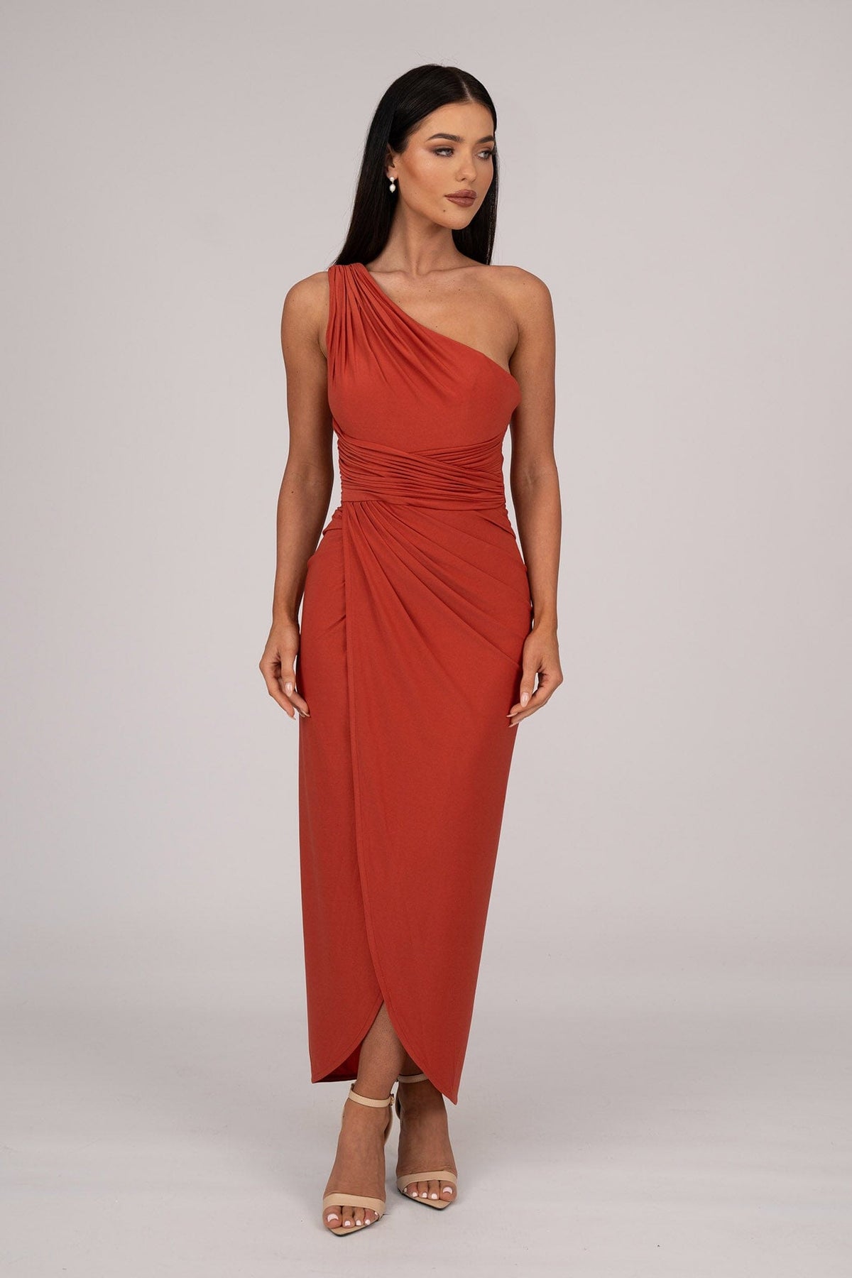 Burnt Orange Midi Dress with One Shoulder Neckline, Faux-wrap Front Design and Asymmetrical Skirt with Centre Front Split