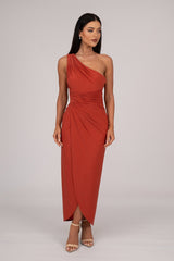 Burnt Orange Midi Dress with One Shoulder Neckline, Faux-wrap Front Design and Asymmetrical Skirt with Centre Front Split