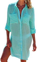 Light blue sheer cover-up dress worn by a model on a white background