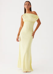 Womens Heart Of Glass Satin Maxi Dress in the colour Yellow in front of a light grey background