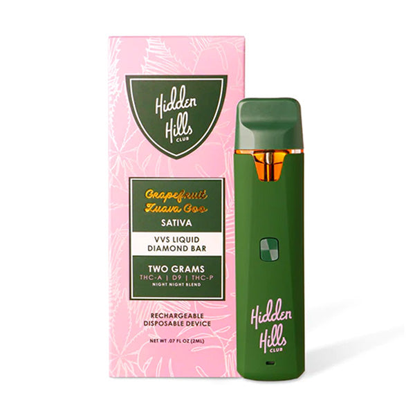A green Liquid Diamonds Disposable vape by Hidden Hills is beside a pink and green Hidden Hills box labeled Grapefruit Zkawa Goo Sativa, Delta 8, 2g, Rechargeable Disposable Device.
