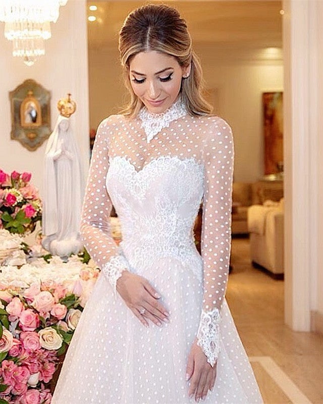 High Neck Long Sleeves Tulle Princess Wedding Dress Lace Edge-alinanova