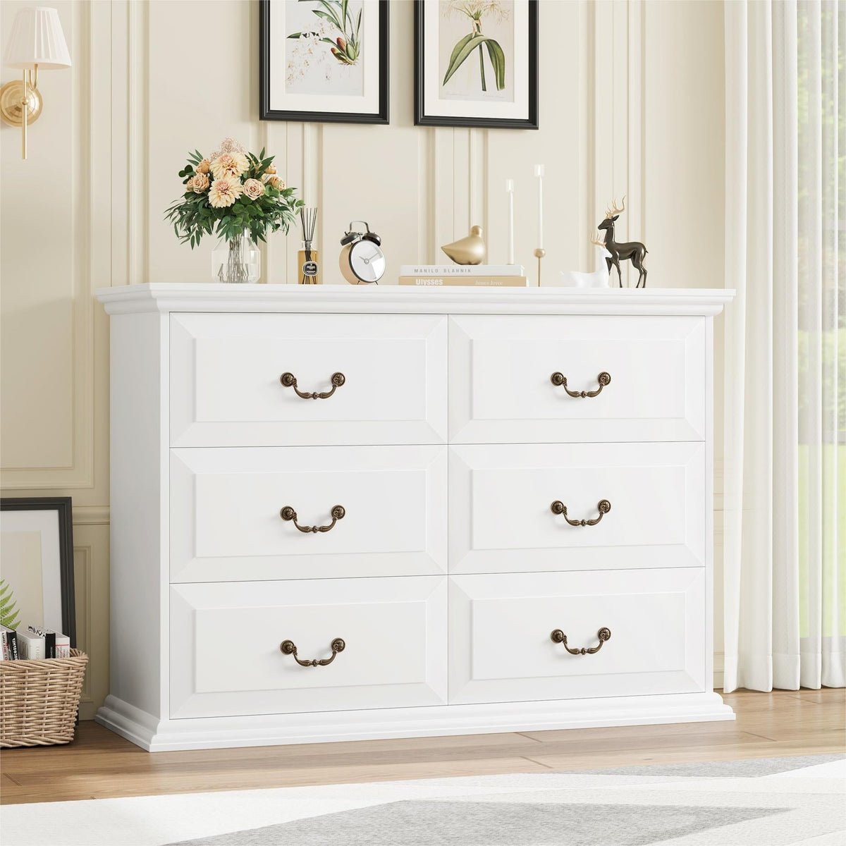 Homfa 6 Drawer Horizontal Wood Dressers Chest for Bedroom, Contemporary Storage Cabinet for Living Room Entryway, White