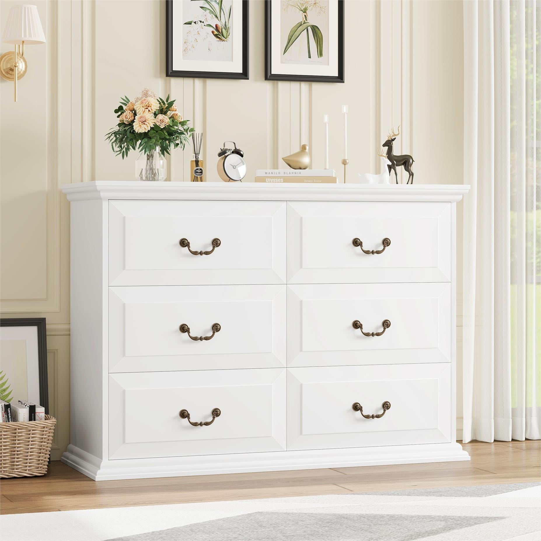 Homfa 6 Drawer Horizontal Dressers Chest for Bedroom Living Room Entryway, Contemporary, White