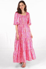 Hot Pink Chevron Print Tiered Maxi Dress