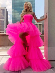Hot Pink High Low Tulle Prom Dresses, High Low Pink Tulle Formal Graduation Dresses