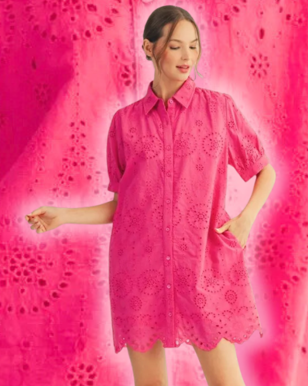 Hot Pink Eyelet Shirt Dress Jodifl Cotton Dress with Pockets