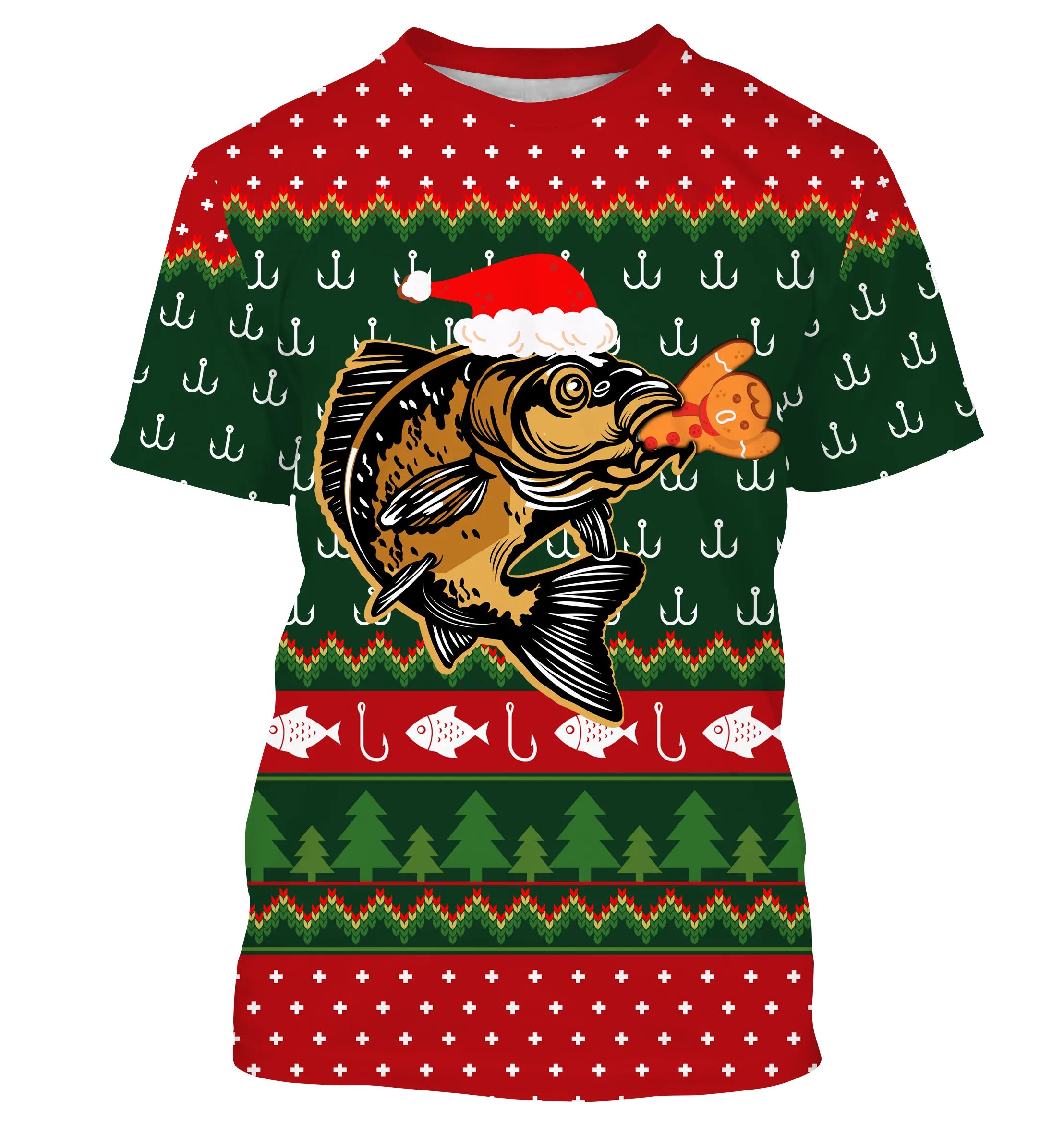 Pull Noël vert rouge avec carpe sautant coiffée bonnet Père Noël et hameçons jacquard, motifs sapins