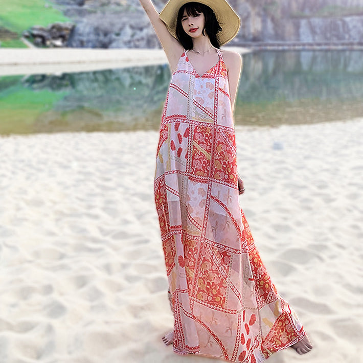 AIKA Hawaiian pattern, soft, cool, thin, chiffon, maxi length, open back, loose, A-line, sleeveless, resort dress