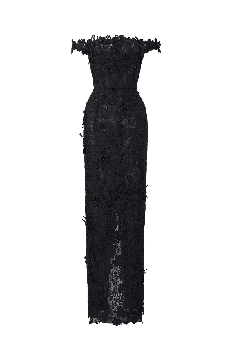 Black off-shoulder floral lace maxi dress by I.H.F Studio, featuring a fitted column silhouette and elegant design.