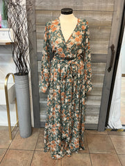 Long Green Dress with Burnt Orange Floral